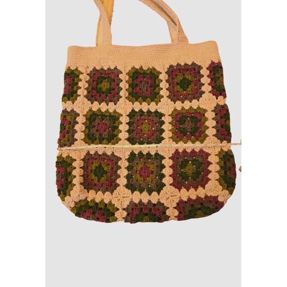 Handmade Crochet Granny Square Tote Bag With Multicolor Pattern & Beige Base - Picture 10 of 11